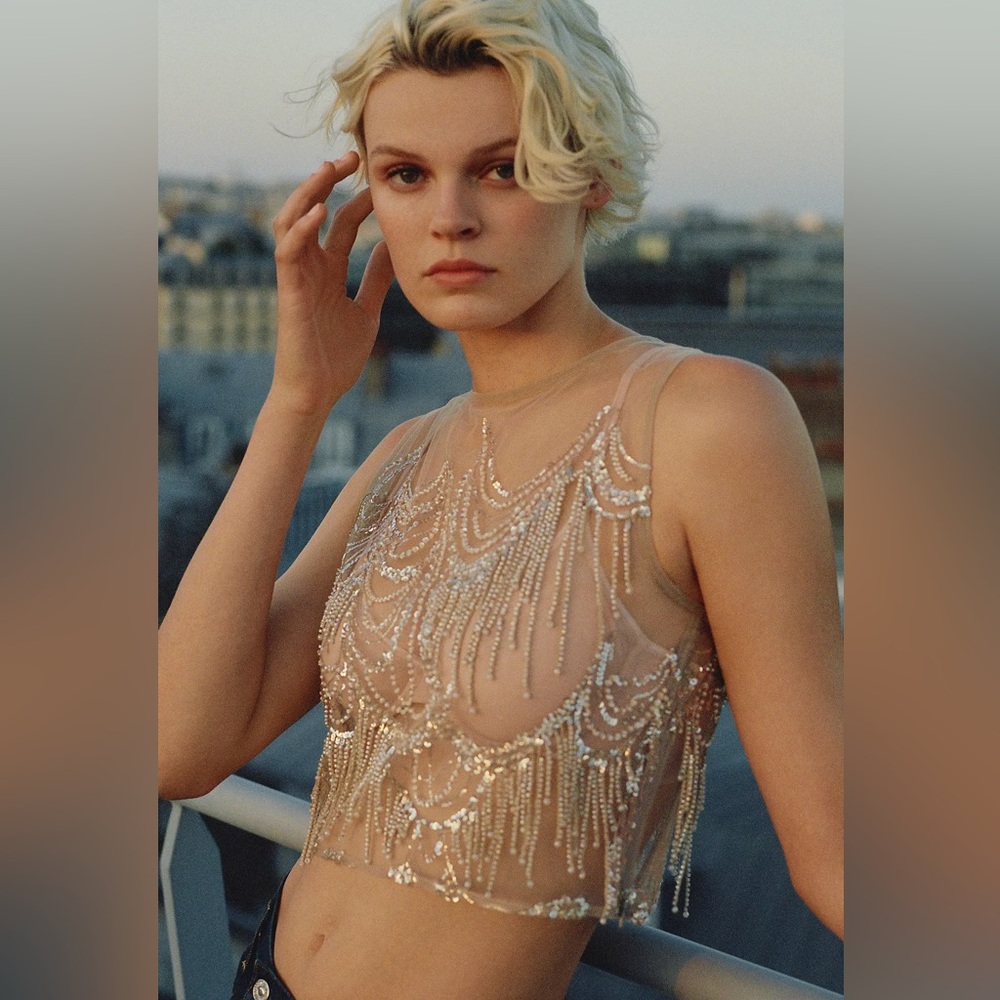 anthropologie eva franco see thru embellished fringe beaded top